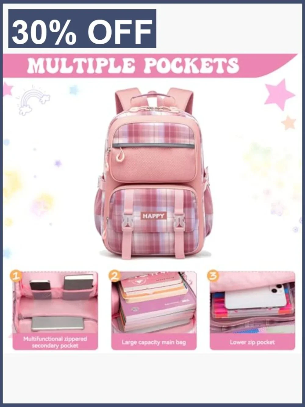 Preppy Plaid Backpack for Girls, Large Capacity School Bag, 17 Inch, Bookbag